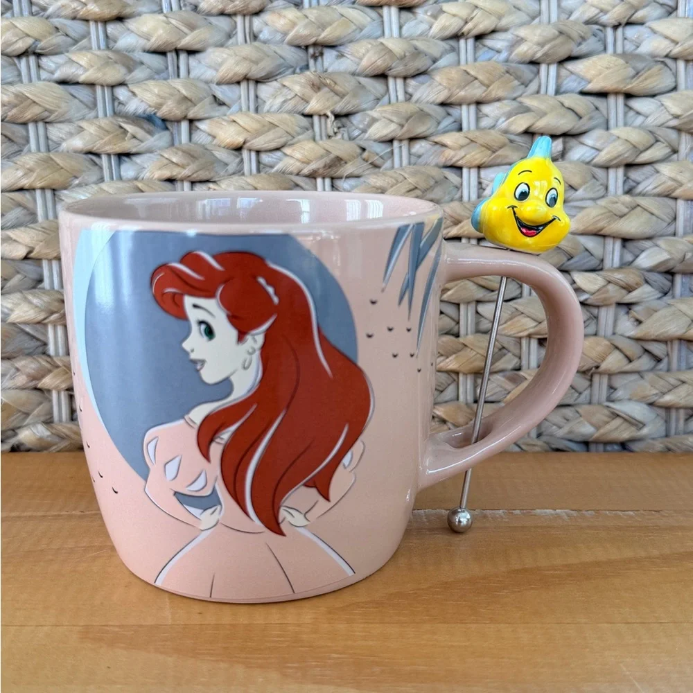 DISNEY Ariel & Flounder Ceramic Mug w/Stirrer Little Mermaid Princess Sebastian